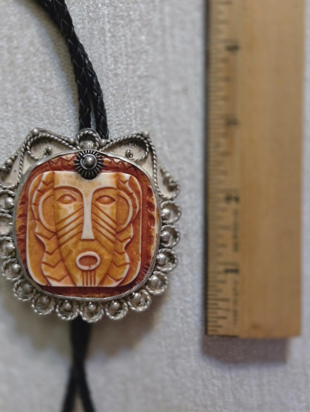 Vintage "Carved" MAYAN God on Silver Bolo